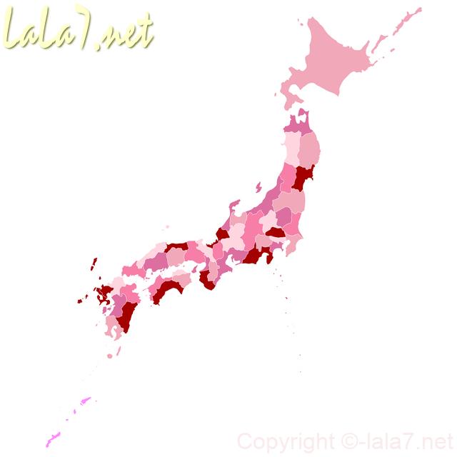 日本地図　ピンク色と赤色